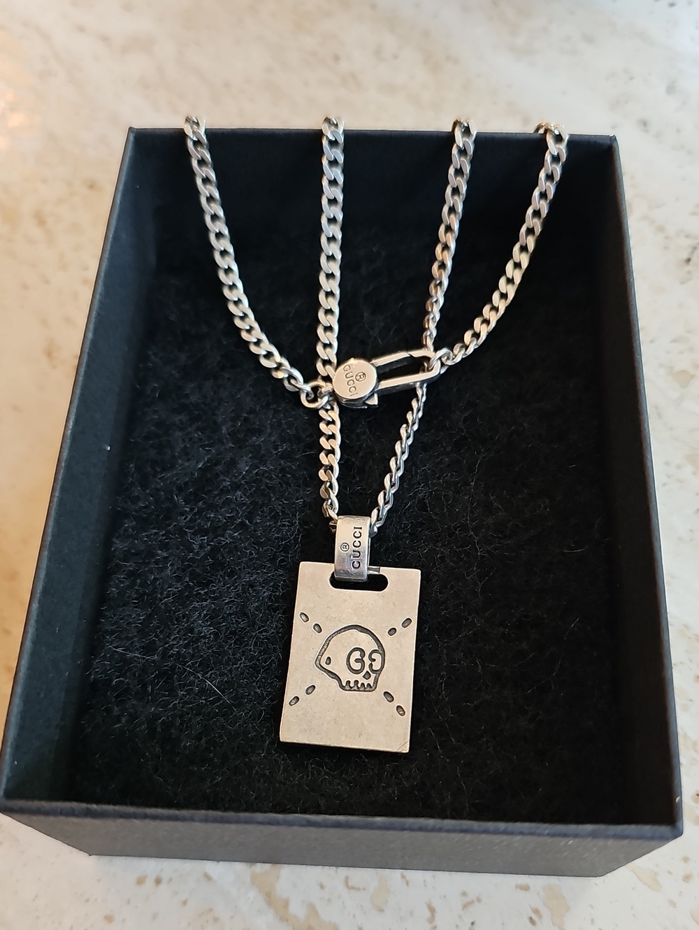 Gucci Ghost Silver Skull Tag Necklace